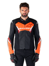 Alpinestars Faster V3 Airflow Leather Jacket, Motorcycle Racing Jacket, Black and Red Fluo, perforated leather construction with white and red accents, worn with black gloves, performance street riding gear