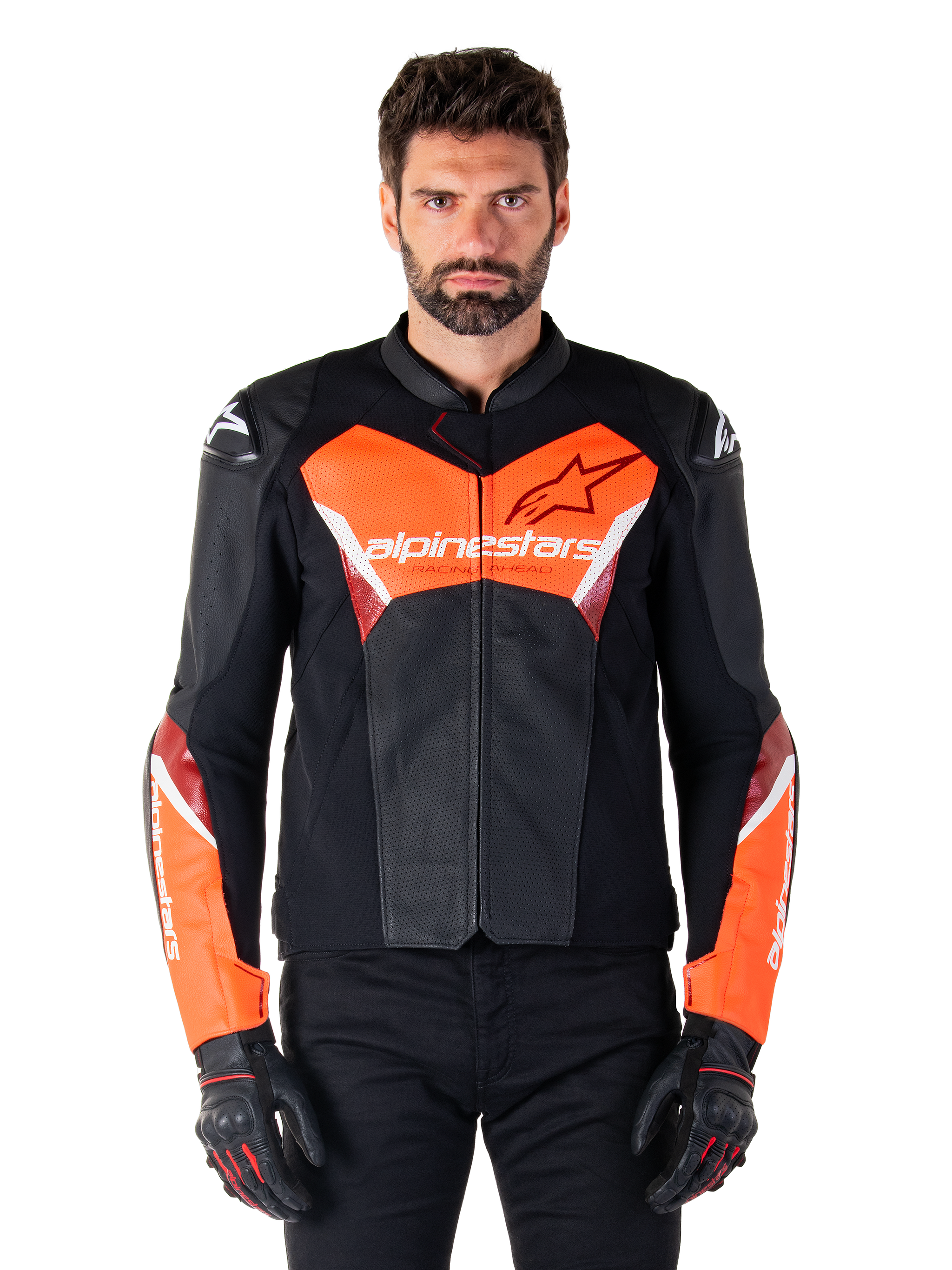 Alpinestars Faster V3 Airflow Leather Jacket, Motorcycle Racing Jacket, Black and Red Fluo, perforated leather construction with white and red accents, worn with black gloves, performance street riding gear