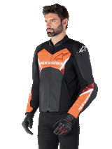 Alpinestars Faster V3 Airflow Leather Jacket, Sport Motorcycle Jacket, Black and Red Fluo, featuring perforated leather for ventilation, HRSF stretch panels, and DFS GP Lite shoulder protectors, sleek race-derived silhouette