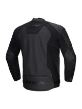 Alpinestars Faster V3 Airflow Leather Jacket, men's sport motorcycle riding jacket, black, CE certified with perforated leather and stretch panels, rear view showing stretch inserts and branding