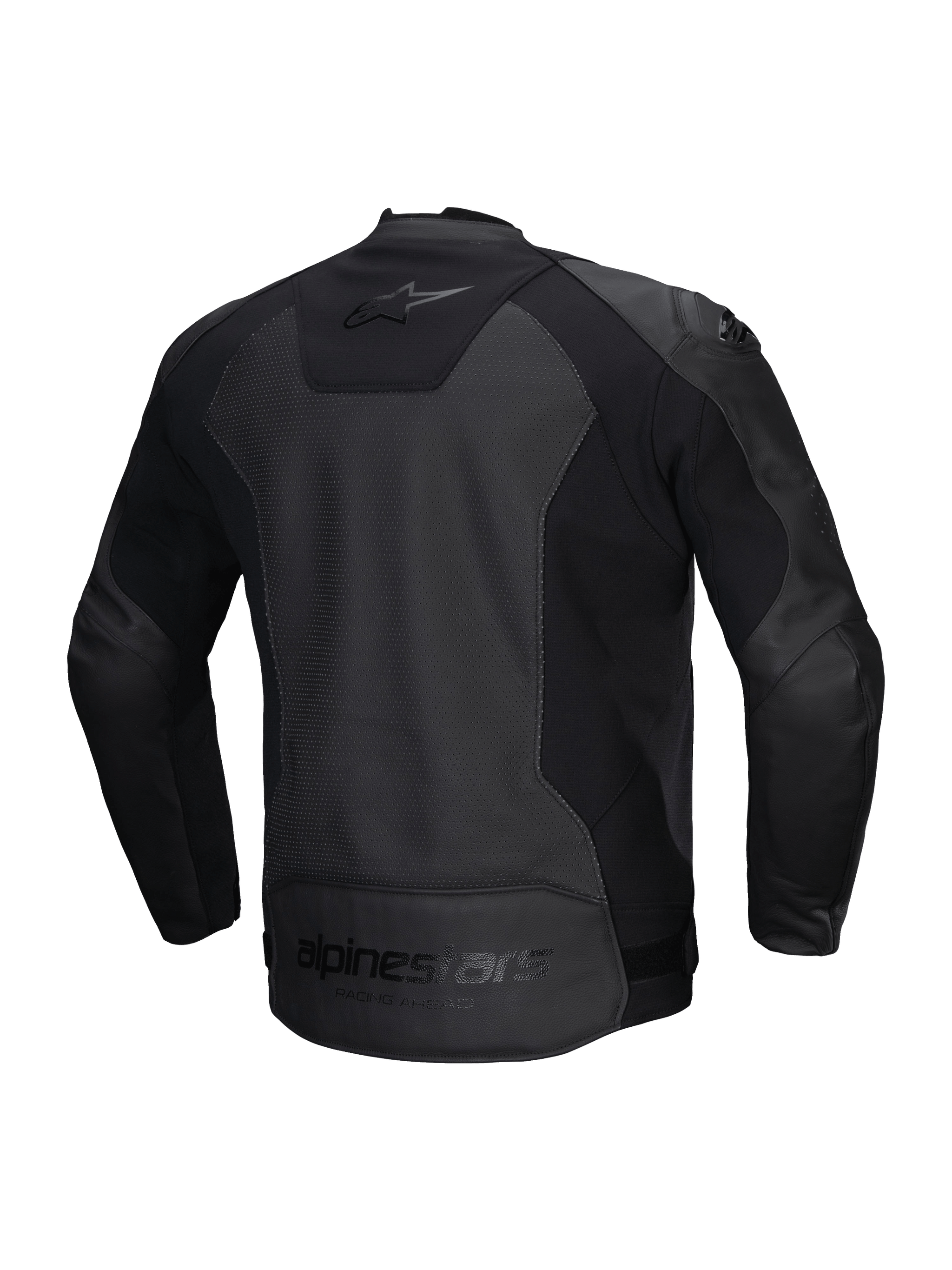 Alpinestars Faster V3 Airflow Leather Jacket, men's sport motorcycle riding jacket, black, CE certified with perforated leather and stretch panels, rear view showing stretch inserts and branding