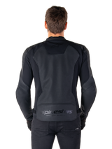 Alpinestars Faster V3 Airflow Leather Jacket, Back view on model, Black Black, featuring perforated leather back panel for airflow, subtle branding, and ergonomic sport fit design