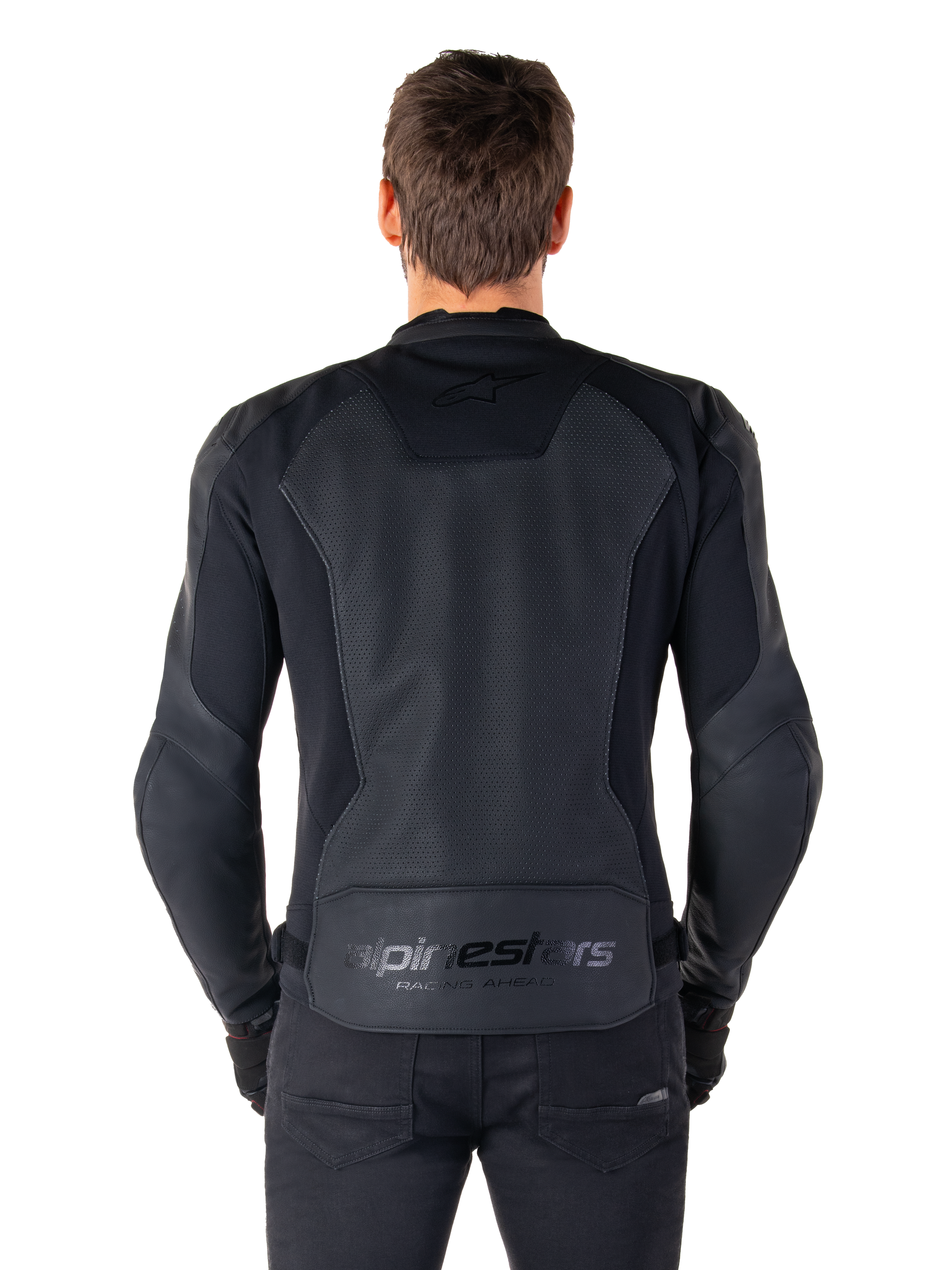 Alpinestars Faster V3 Airflow Leather Jacket, Back view on model, Black Black, featuring perforated leather back panel for airflow, subtle branding, and ergonomic sport fit design