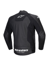 Alpinestars Faster V3 Airflow Leather Jacket, men's sport motorcycle leather jacket, back view, black and white, featuring CE certification, HRSF stretch panels, and perforated leather construction