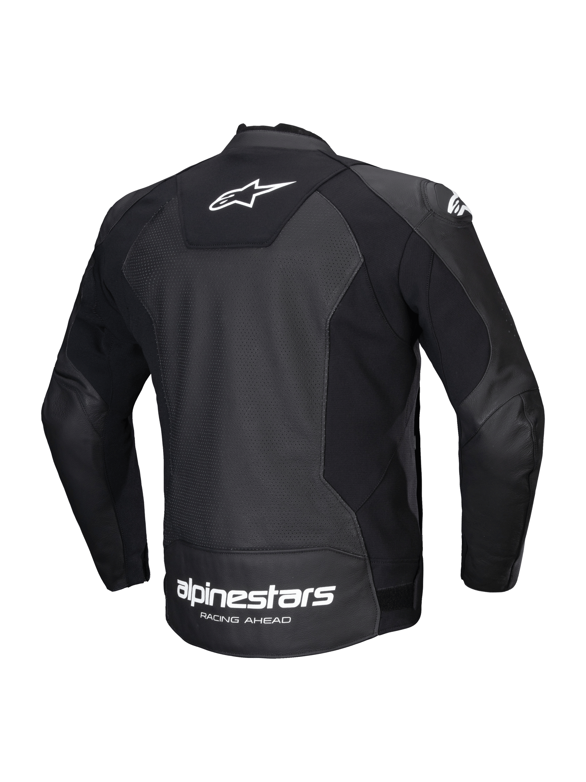 Alpinestars Faster V3 Airflow Leather Jacket, men's sport motorcycle leather jacket, back view, black and white, featuring CE certification, HRSF stretch panels, and perforated leather construction