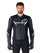 Alpinestars Faster V3 Airflow Leather Jacket, Black motorcycle riding jacket with white accents, perforated leather panels for ventilation, Alpinestars logo on chest, worn with black gloves, sport-derived leather construction