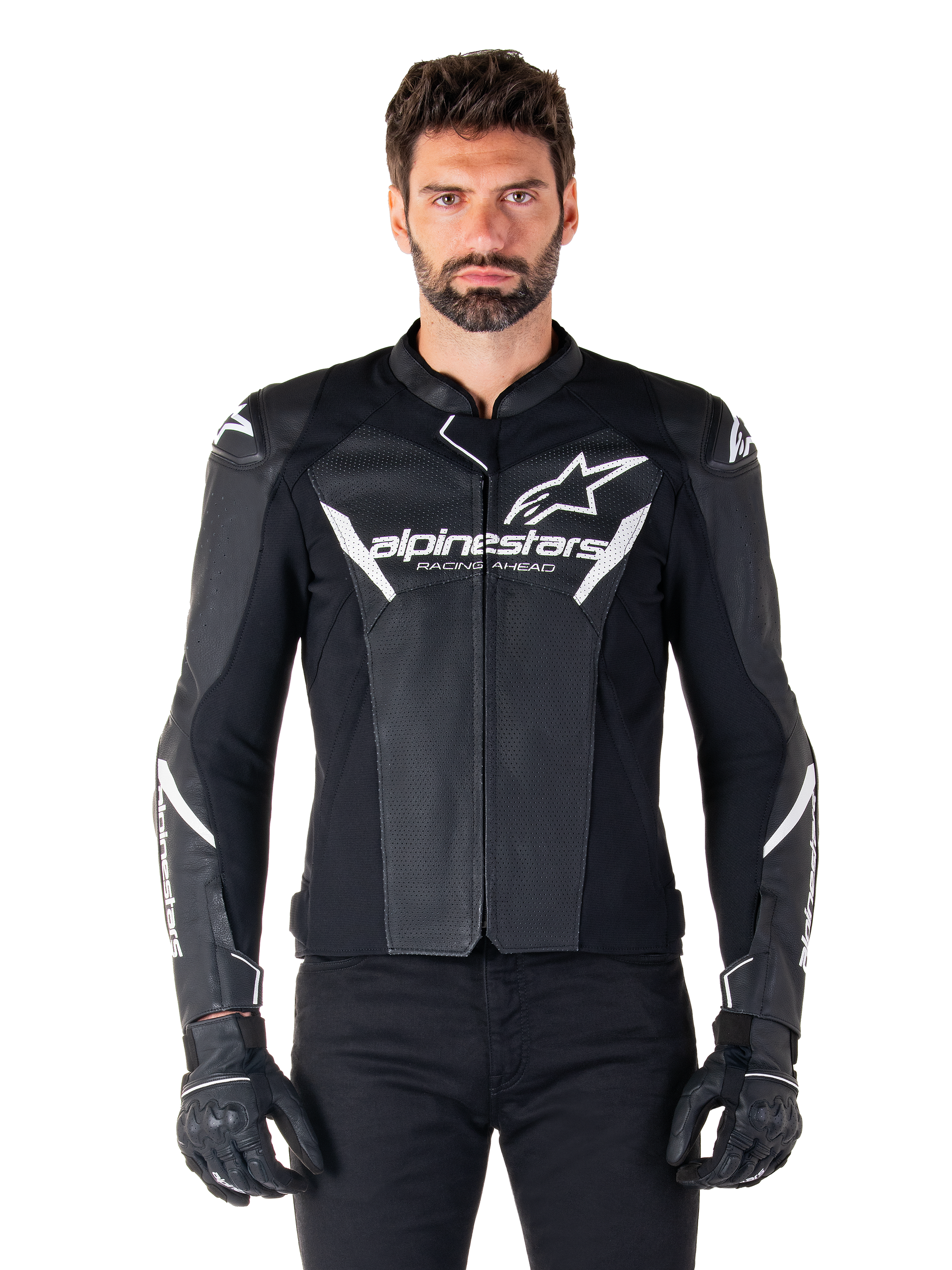 Alpinestars Faster V3 Airflow Leather Jacket, Black motorcycle riding jacket with white accents, perforated leather panels for ventilation, Alpinestars logo on chest, worn with black gloves, sport-derived leather construction