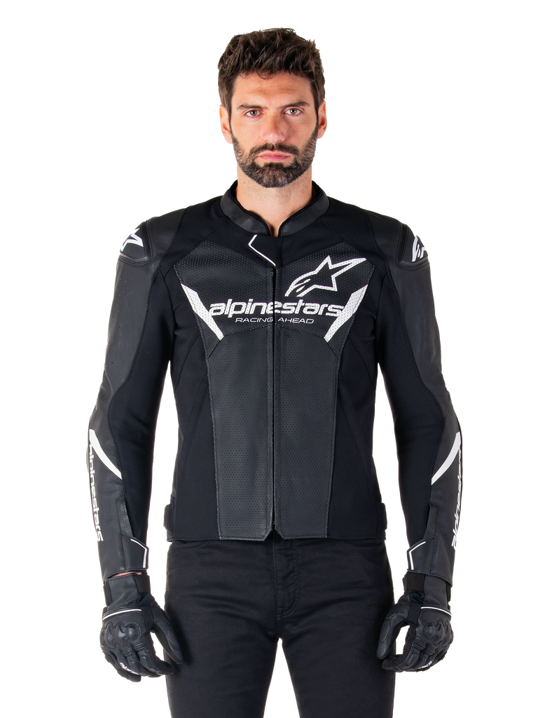Alpinestars Faster V3 Airflow Leather Jacket, Black motorcycle riding jacket with white accents, perforated leather panels for ventilation, Alpinestars logo on chest, worn with black gloves, sport-derived leather construction