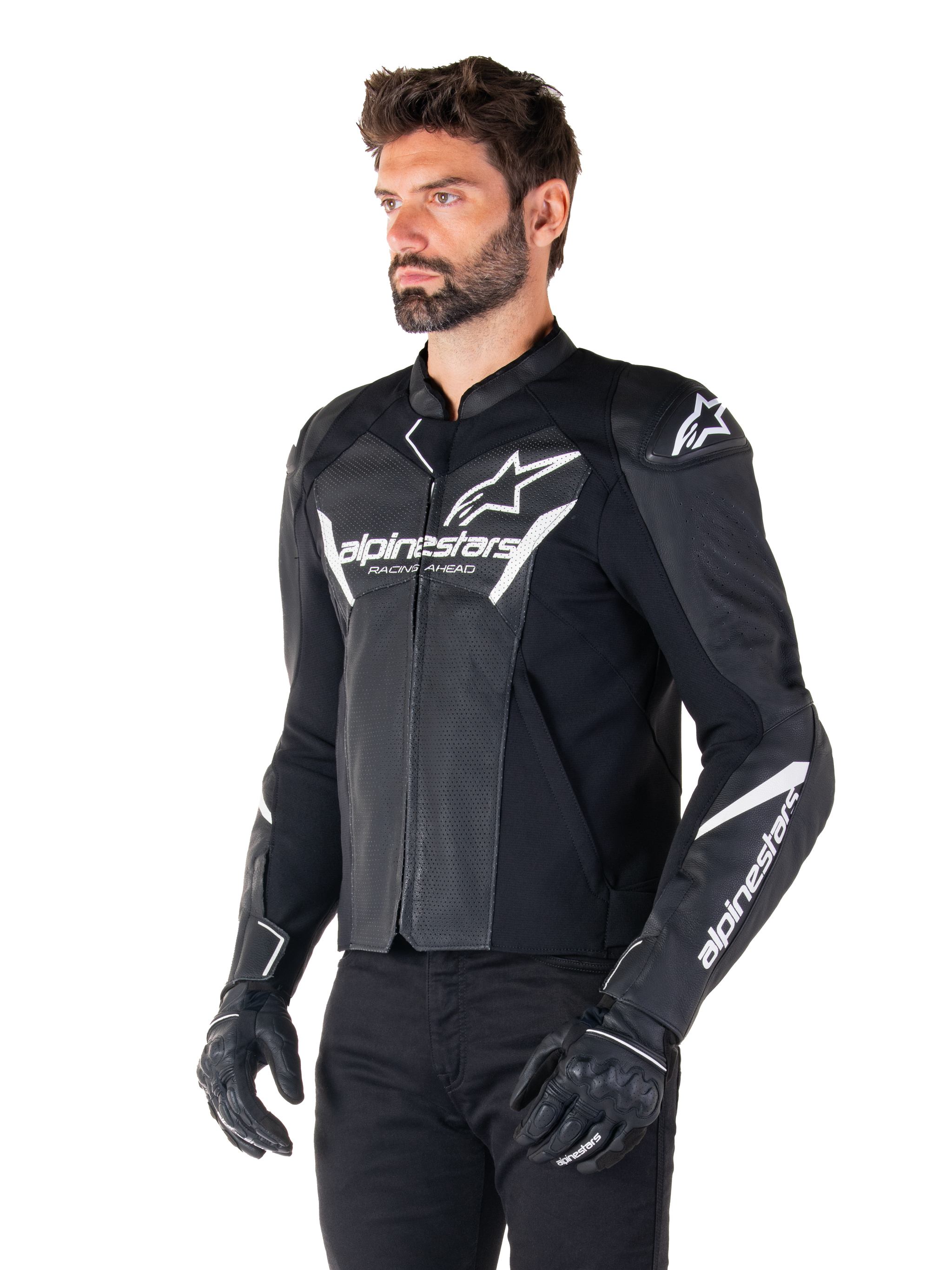 Alpinestars Faster V3 Airflow Leather Jacket, Black and White, sport motorcycle jacket with perforated leather panels, white Alpinestars branding on chest and arms, worn by a model with black gloves and pants, sleek and protective riding gear