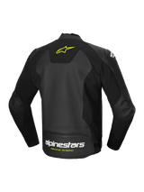 Alpinestars Faster V3 Airflow Leather Jacket, men's sport motorcycle riding jacket, black and yellow, perforated leather construction with stretch panels and rear logo branding