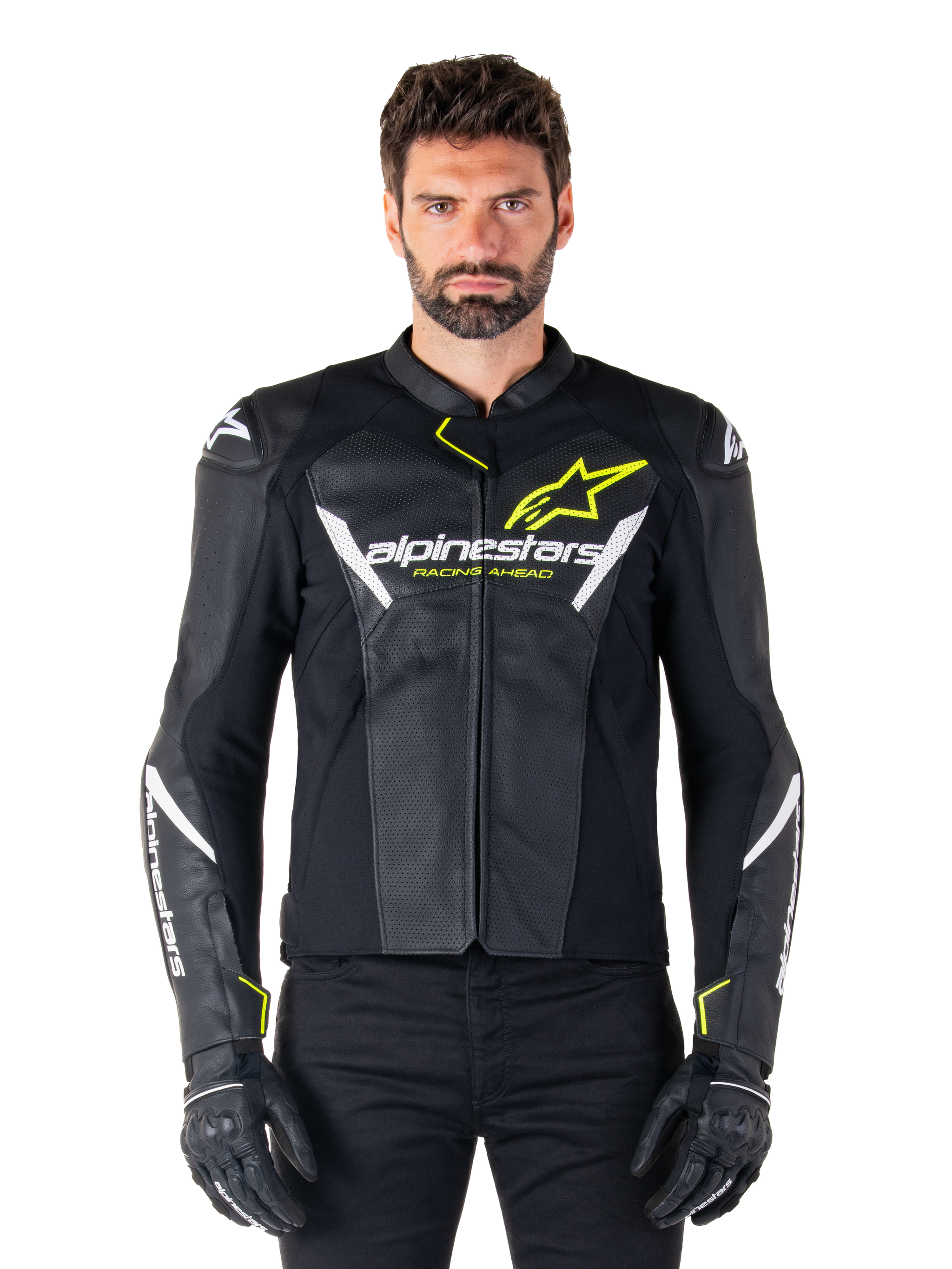 Alpinestars Faster V3 Airflow Leather Jacket, Black White and Yellow Fluo, worn by a male model with matching black gloves, featuring perforated leather panels for ventilation and bold Alpinestars branding on the chest, sport motorcycle riding gear