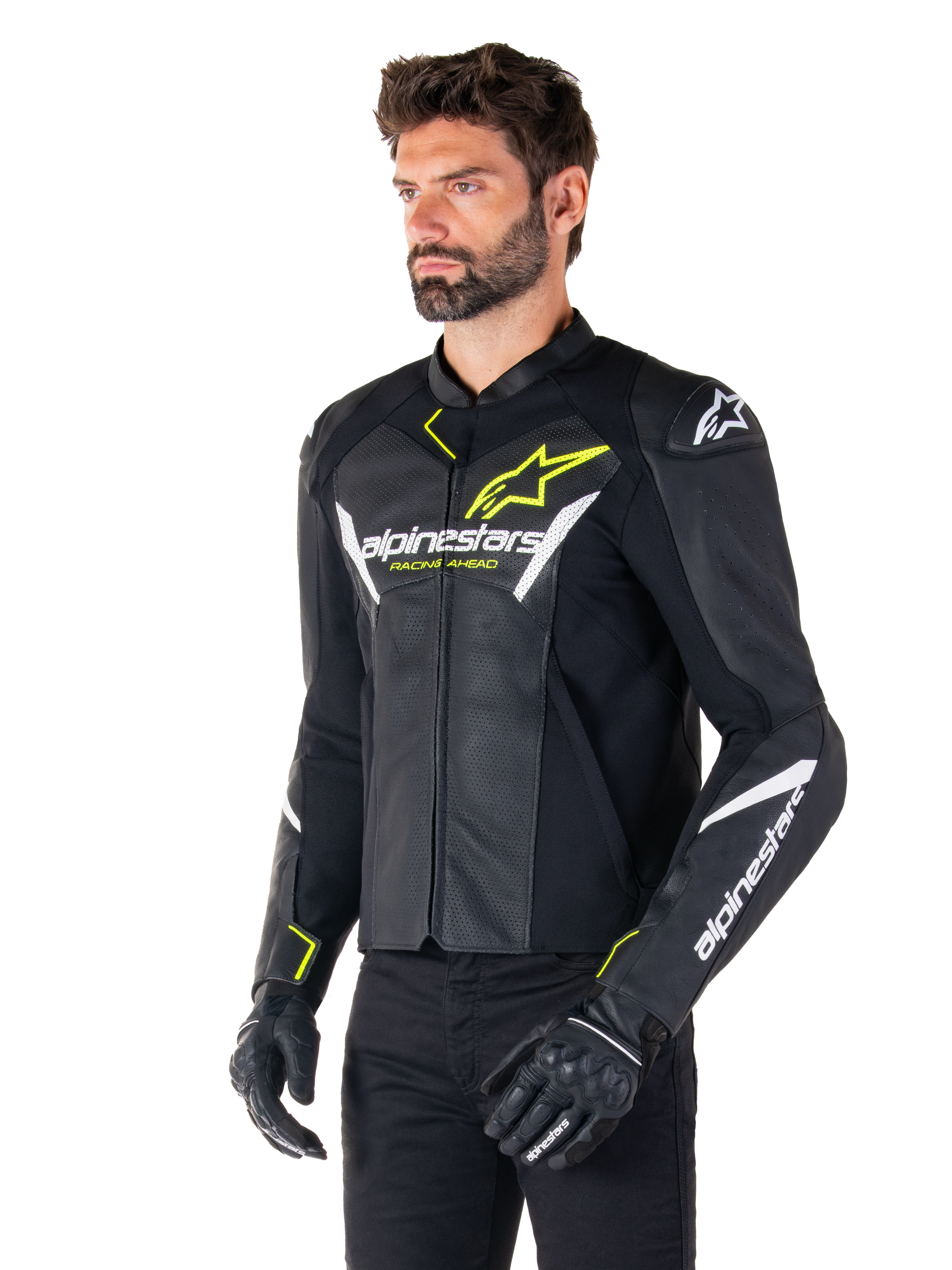 Alpinestars Faster V3 Airflow Leather Jacket, Sport Motorcycle Jacket, Black White and Yellow Fluo, worn by a man, featuring perforated leather for airflow, Alpinestars logos on chest and arms, paired with black gloves.