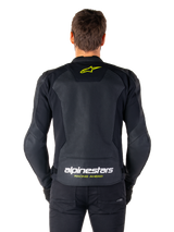 Alpinestars Faster V3 Airflow Leather Jacket, Sport Motorcycle Jacket, Black with Yellow Fluo accents, back view showing large perforated leather panels, yellow star logo on the upper back, and bold branding on the lower back.