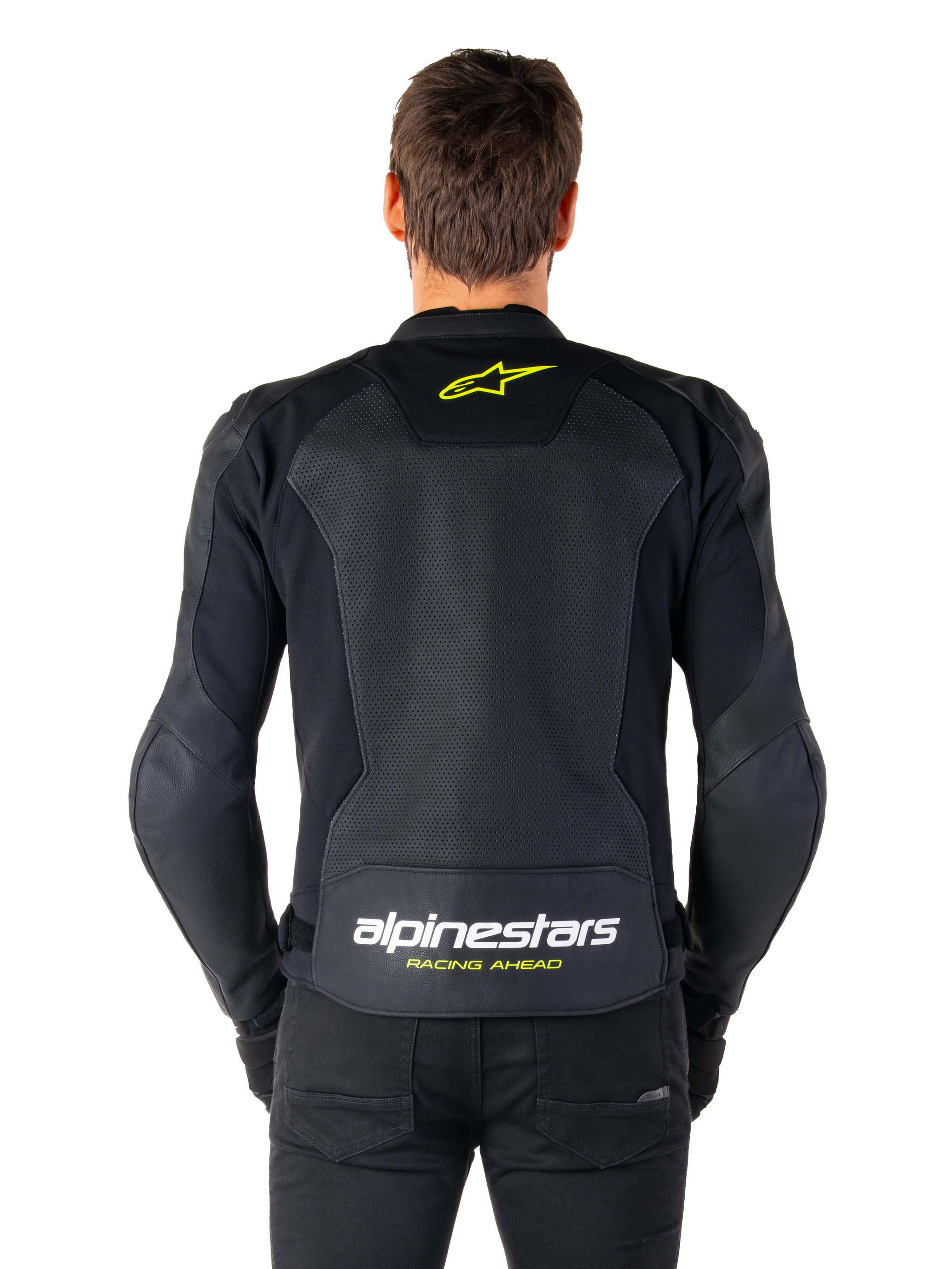 Alpinestars Faster V3 Airflow Leather Jacket, Sport Motorcycle Jacket, Black with Yellow Fluo accents, back view showing large perforated leather panels, yellow star logo on the upper back, and bold branding on the lower back.
