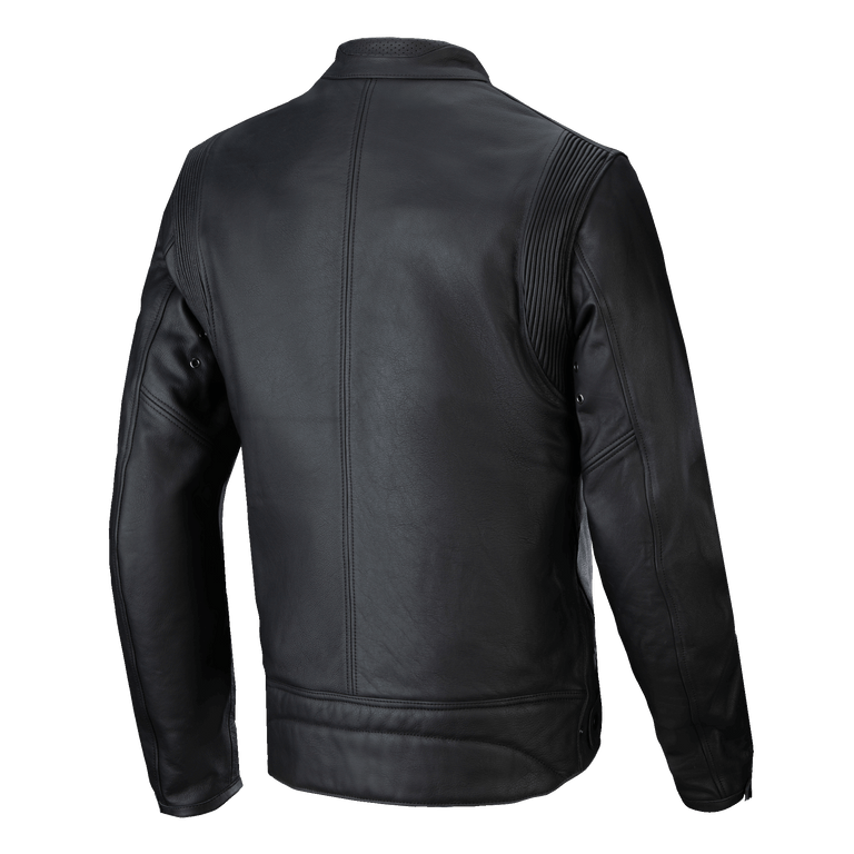 Alpinestars Dyno Leather Jacket, Black, Back View, heritage-inspired motorcycle jacket crafted from premium bovine leather, featuring accordion stretch panels at the shoulders and a clean vertical center seam.