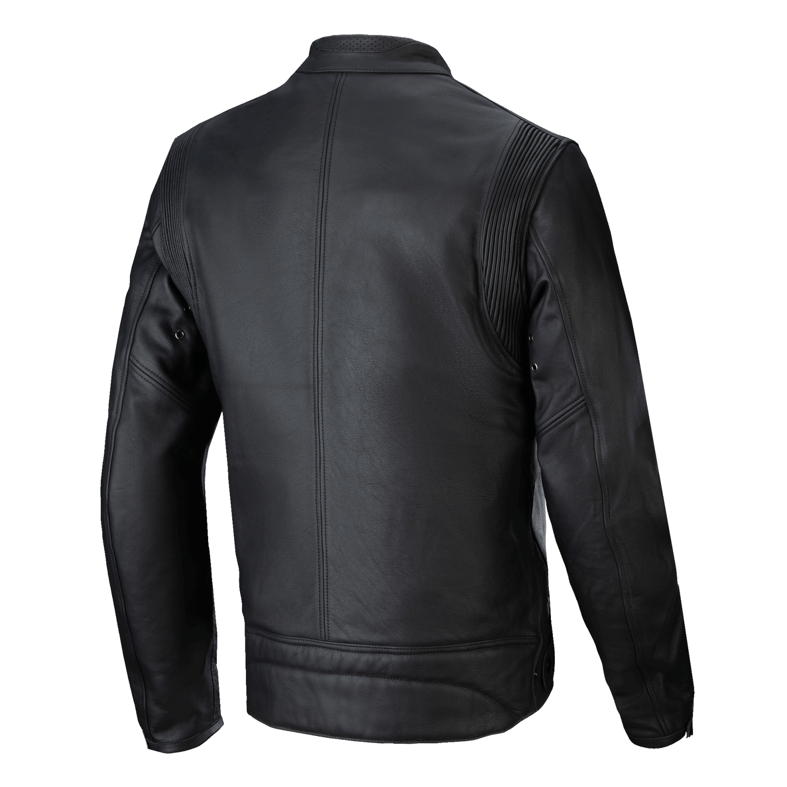 Alpinestars Dyno Leather Jacket, Black, Back View, heritage-inspired motorcycle jacket crafted from premium bovine leather, featuring accordion stretch panels at the shoulders and a clean vertical center seam.