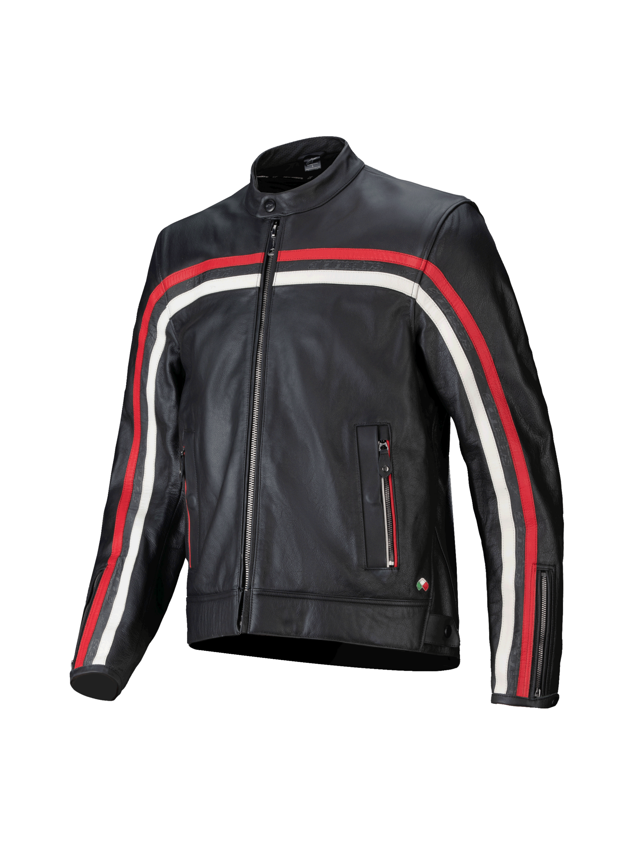 Alpinestars Dyno Leather Jacket, black bovine leather motorcycle jacket with red and ecru stripes, Tech-Air Ready.