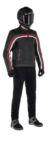 Alpinestars Dyno Leather Jacket, Motorcycle Jacket, Black with Ruby Red and Ecru stripes, worn with a black carbon-fiber helmet and black pants, featuring a heritage-inspired design with premium leather and a regular fit