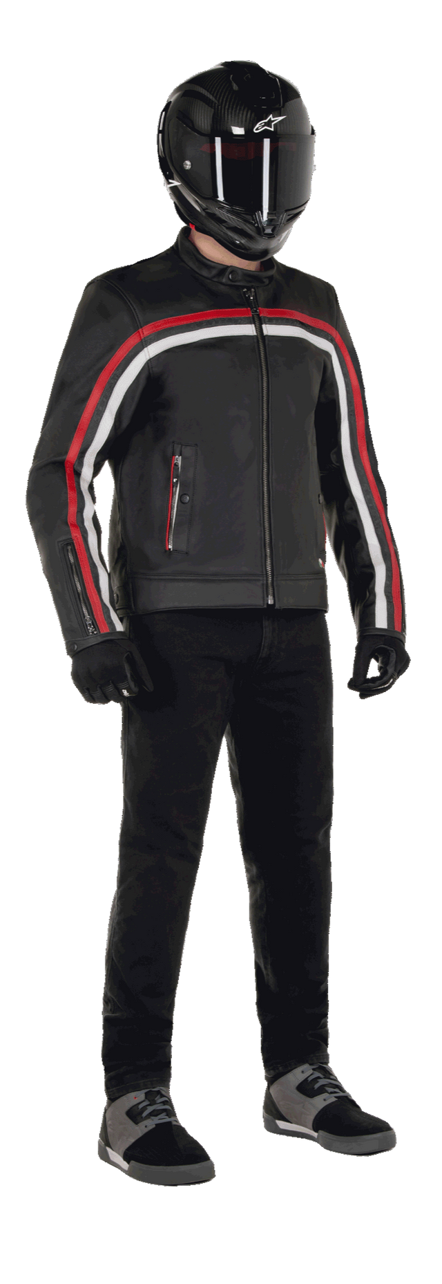 Alpinestars Dyno Leather Jacket, Motorcycle Jacket, Black with Ruby Red and Ecru stripes, worn with a black carbon-fiber helmet and black pants, featuring a heritage-inspired design with premium leather and a regular fit