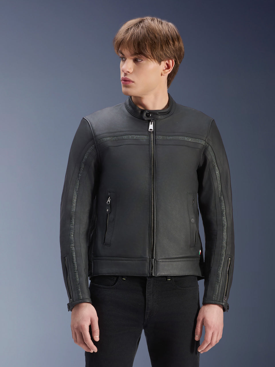 Alpinestars Dyno Leather Jacket, black bovine leather urban motorcycle jacket with heritage styling worn by a man.
