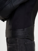 Alpinestars Stella Maver-X Leather Jacket, women's urban motorcycle jacket, black, close-up view of the side and waist adjustment tab with snap closure, premium leather and stretch construction