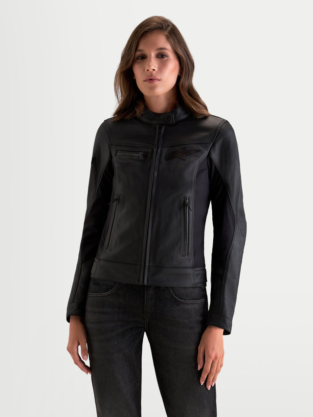 Alpinestars Stella Maver-X Leather Jacket, women's urban motorcycle leather jacket in black, front view worn by a model showing premium bovine leather construction and biker collar