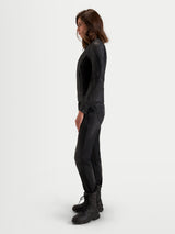 Alpinestars Stella Maver-X Leather Jacket, women's urban contemporary motorcycle leather jacket in black, side profile view worn by a model showcasing premium bovine leather and tailored fit