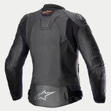 Alpinestars Stella GP Plus V4 Leather Jacket, Women's Motorcycle Leather Jacket, Black, CE Certified Category II Class AA, rear view showing stretch panels and protective armor details