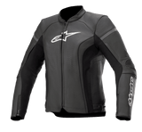 Alpinestars Stella Kira V2 Leather Jacket, Women's Motorcycle Jacket, Black and Dark Gray, perforated chest panels for ventilation, reinforced shoulder and elbow padding, white logo branding, front zipper closure, zippered cuffs