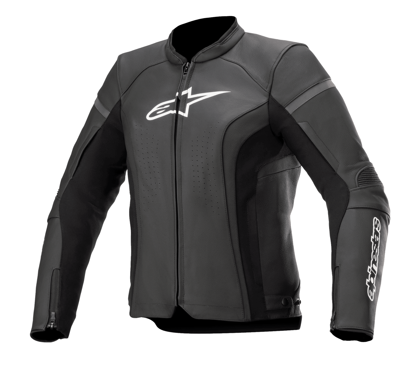 Alpinestars Stella Kira V2 Leather Jacket, Women's Motorcycle Jacket, Black and Dark Gray, perforated chest panels for ventilation, reinforced shoulder and elbow padding, white logo branding, front zipper closure, zippered cuffs