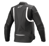 Alpinestars Women Stella Kira V2 Leather Jacket, Black and White, rear view highlighting accordion stretch panels on the back and elbows, elongated rear for riding coverage, and white Alpinestars logo on the upper back, premium bovine leather construction.