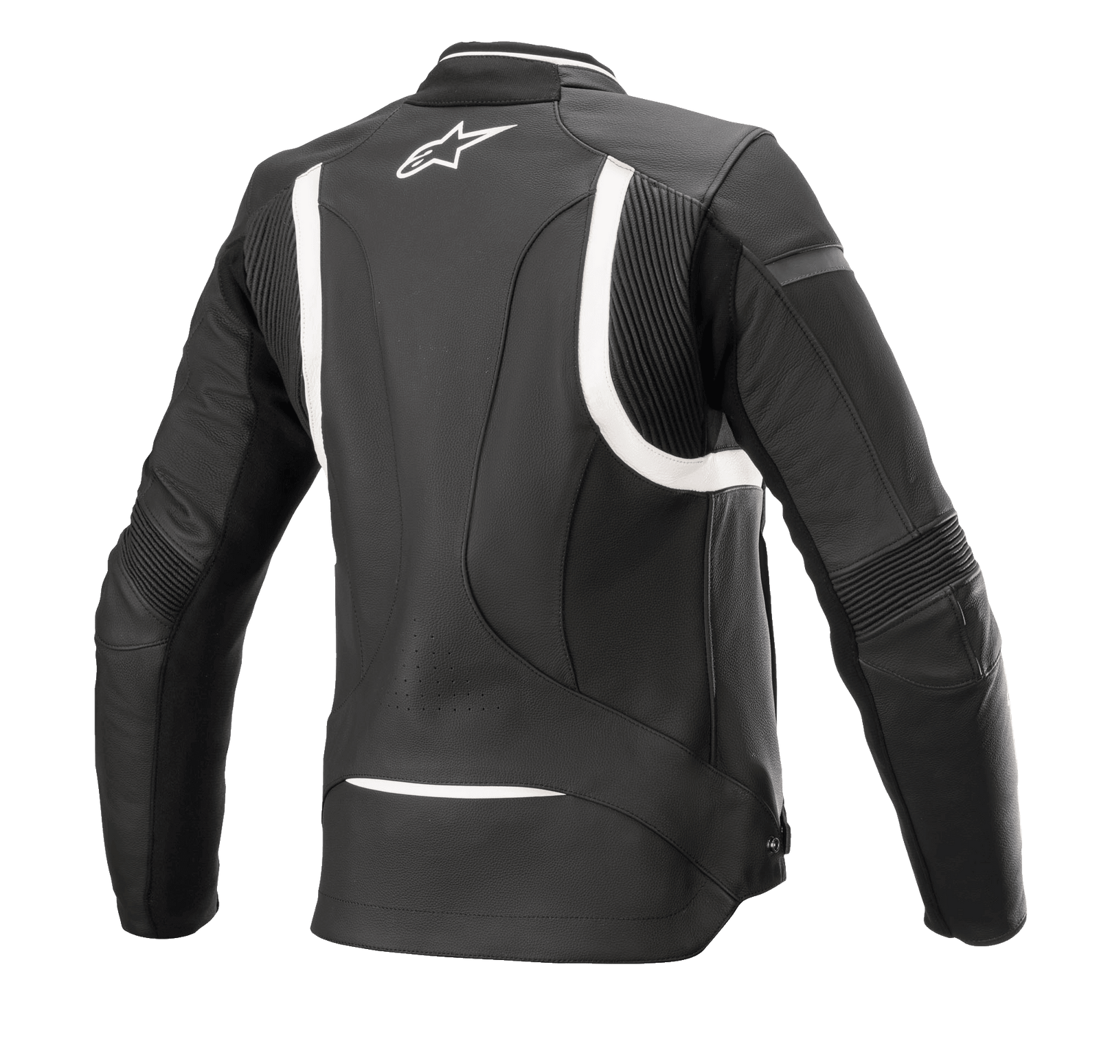Alpinestars Women Stella Kira V2 Leather Jacket, Black and White, rear view highlighting accordion stretch panels on the back and elbows, elongated rear for riding coverage, and white Alpinestars logo on the upper back, premium bovine leather construction.