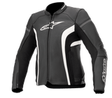 Alpinestars Stella Kira V2 Women's Leather Jacket, Black and White, featuring perforated ventilation panels, white logo branding on the chest and sleeve, zippered cuffs, and a tailored performance fit for motorcycle road riding.