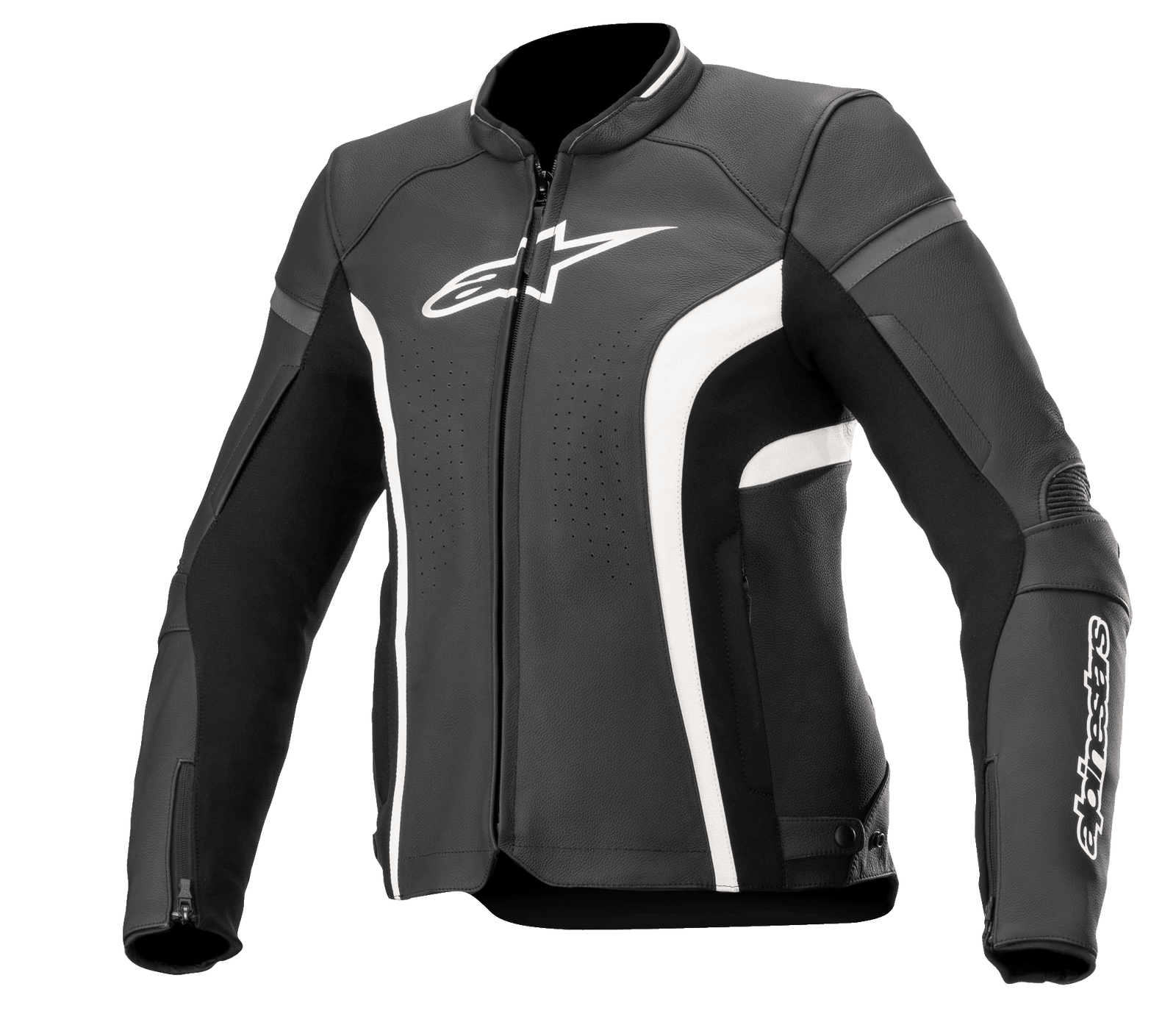 Alpinestars Stella Kira V2 Women's Leather Jacket, Black and White, featuring perforated ventilation panels, white logo branding on the chest and sleeve, zippered cuffs, and a tailored performance fit for motorcycle road riding.