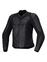 Alpinestars Stella Faster V3 Leather Jacket, Women's Sport Motorcycle Jacket, Black and Dark Gray, premium leather and textile construction with HRSF stretch panels, CE certified protection, high collar and full front zipper, sleek race-derived fit