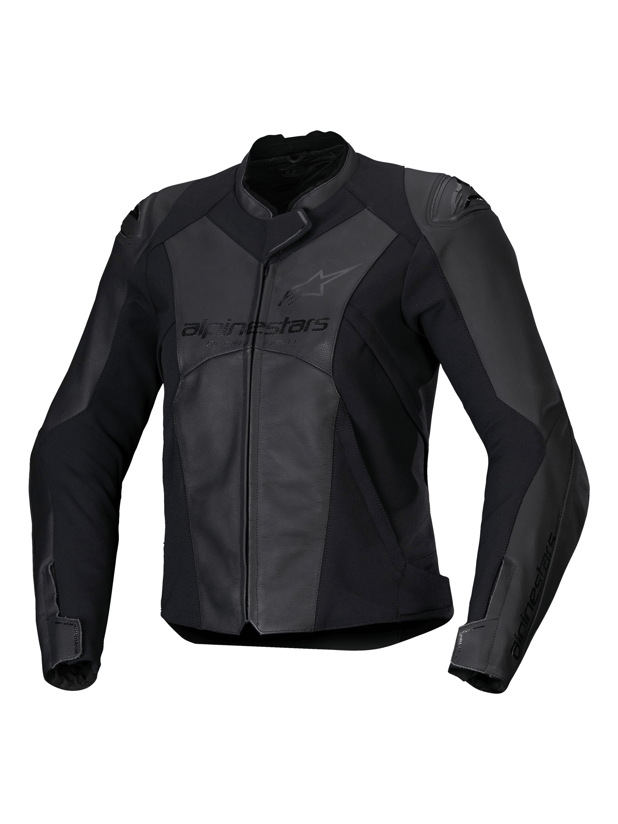 Alpinestars Stella Faster V3 Leather Jacket, Women's Sport Motorcycle Jacket, Black and Dark Gray, premium leather and textile construction with HRSF stretch panels, CE certified protection, high collar and full front zipper, sleek race-derived fit