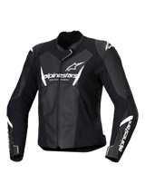 Alpinestars Stella Faster V3 Leather Jacket, Women's Motorcycle Racing Jacket, Black and White, featuring white Alpinestars branding on the chest and sleeves, premium leather construction with reinforced shoulders, aerodynamic sport design