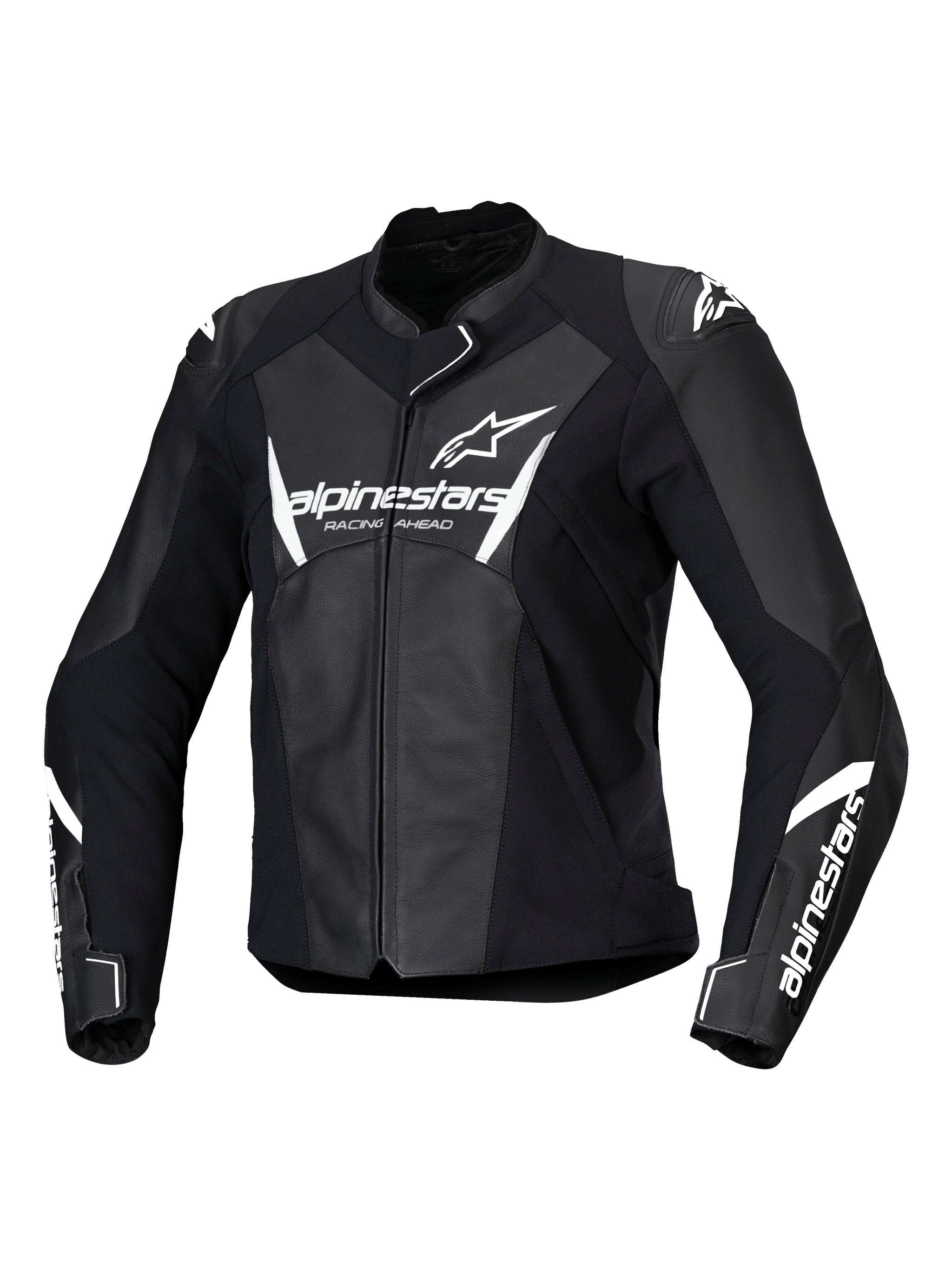 Alpinestars Stella Faster V3 Leather Jacket, Women's Motorcycle Racing Jacket, Black and White, featuring white Alpinestars branding on the chest and sleeves, premium leather construction with reinforced shoulders, aerodynamic sport design