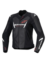 Alpinestars Stella Faster V3 Leather Jacket, Women's Motorcycle Racing Jacket, Black with White and Fluo Coral accents, premium leather construction, featuring Alpinestars branding on the chest and sleeves, sporty racing fit with integrated shoulder protection and front zipper closure.