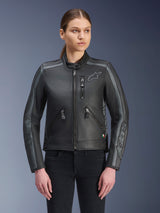 Alpinestars Stella Dyno Leather Jacket, Women's Motorcycle Jacket, Black and Tar Gray, premium bovine leather construction with gray stripe details on shoulders and sleeves, featuring front zip pockets and embroidered chest logo, sleek urban riding gear