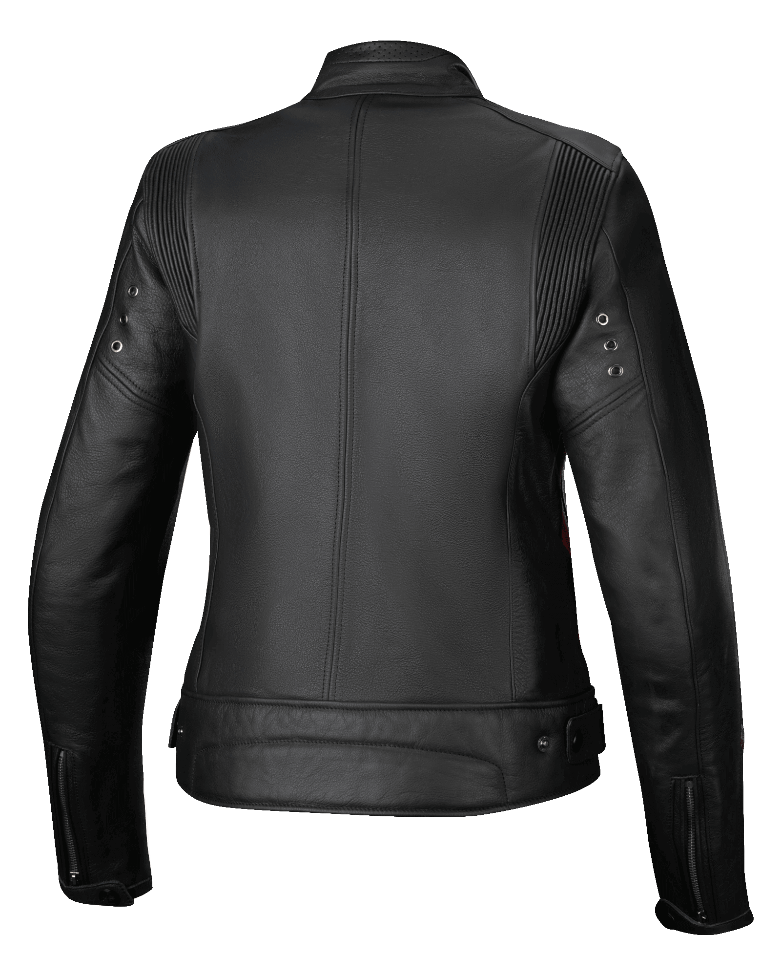 Alpinestars Stella Dyno Leather Jacket, women's urban motorcycle jacket, rear view, Black with red accents, premium bovine leather construction