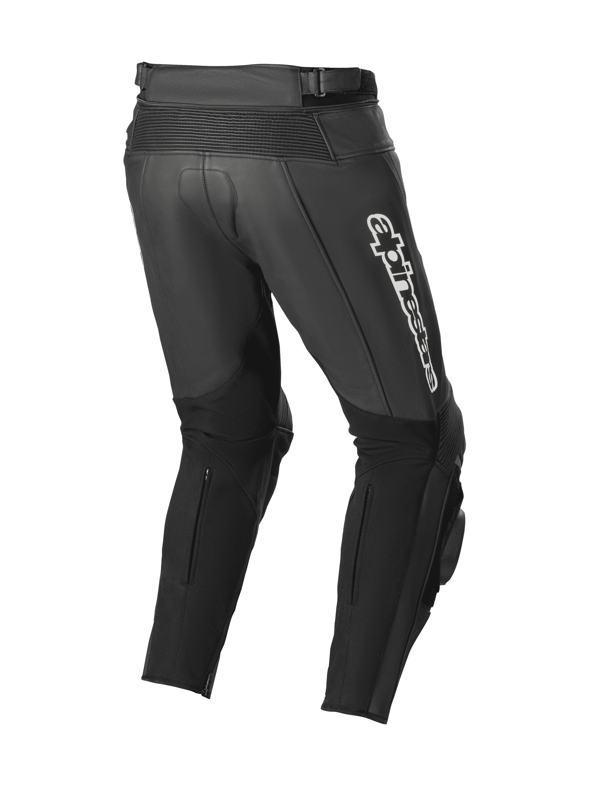 Alpinestars Track V2 Leather Pants, Black, rear view showing accordion leather stretch zones, white Alpinestars branding on the thigh, large stretch panels on calves, and integrated knee sliders for track and street use