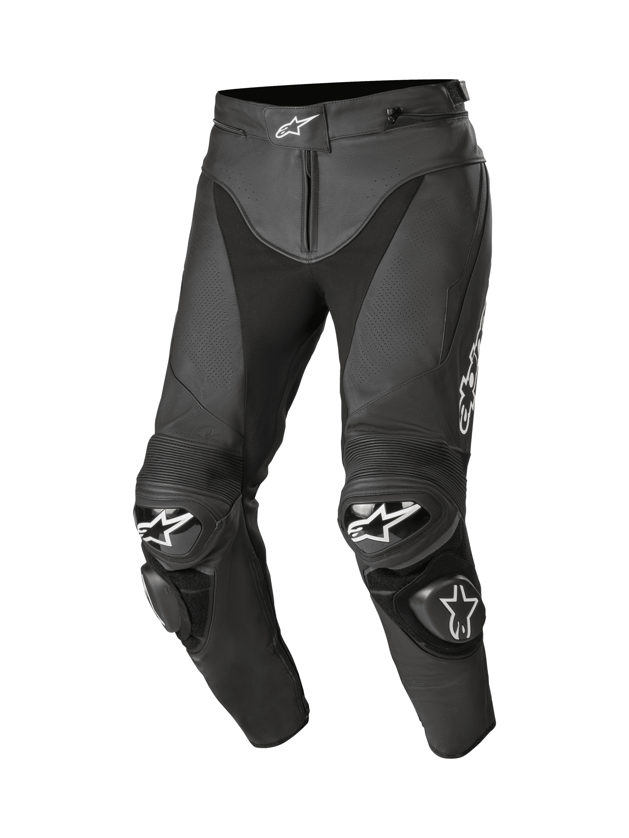 Alpinestars Track V2 Leather Pants, Black Motorcycle Racing Pants, featuring white star logos on the waist and knees, perforated leather construction, accordion flex panels above the knees, and replaceable TPU knee sliders, premium 1.3mm bovine leather with pre-curved leg construction for racing performance