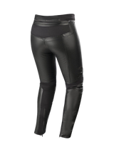 Alpinestars Stella Vika V2 Women's Leather Motorcycle Pants in black, featuring protective aramid stretch panels for urban riding.
