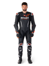 Alpinestars GP-R7 One Piece Leather Suit for men, professional motorcycle racing gear in Black and Red Fluo.