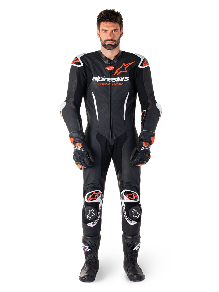 Alpinestars GP-R7 One Piece Leather Suit for men, professional motorcycle racing gear in Black and Red Fluo.