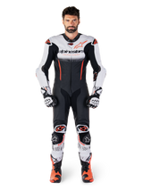 Alpinestars GP-R7 1-Piece Leather Suit in White, Black and Red Fluo, premium leather motorcycle racing gear for men.