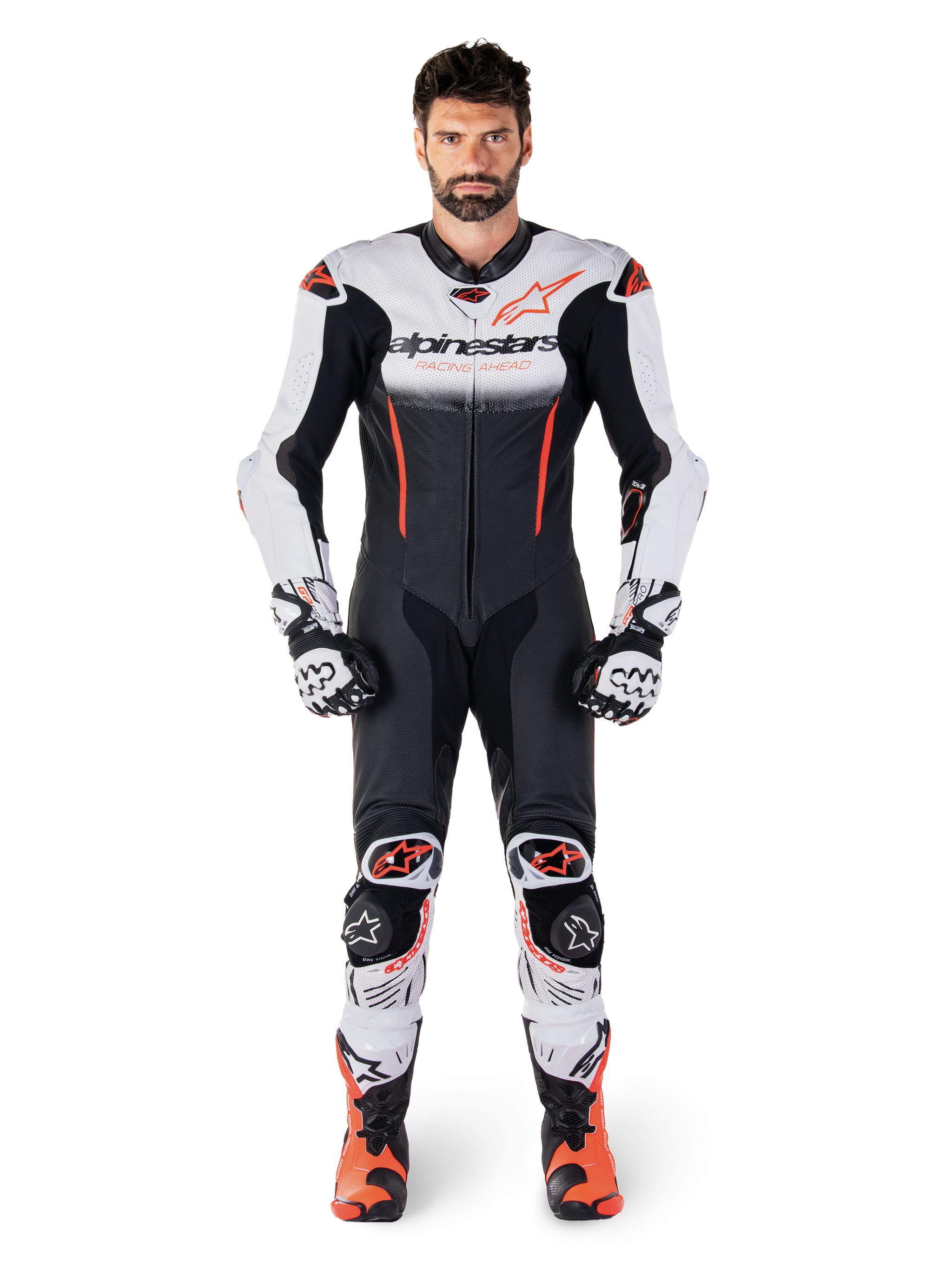 Alpinestars GP-R7 1-Piece Leather Suit in White, Black and Red Fluo, premium leather motorcycle racing gear for men.