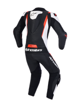 Alpinestars Missile V3 Leather Suit 1-Piece, Motorcycle Racing Suit, Black White and Red Fluo, AAA CE Certified, race-grade bovine leather construction with back hump and aerodynamic armor