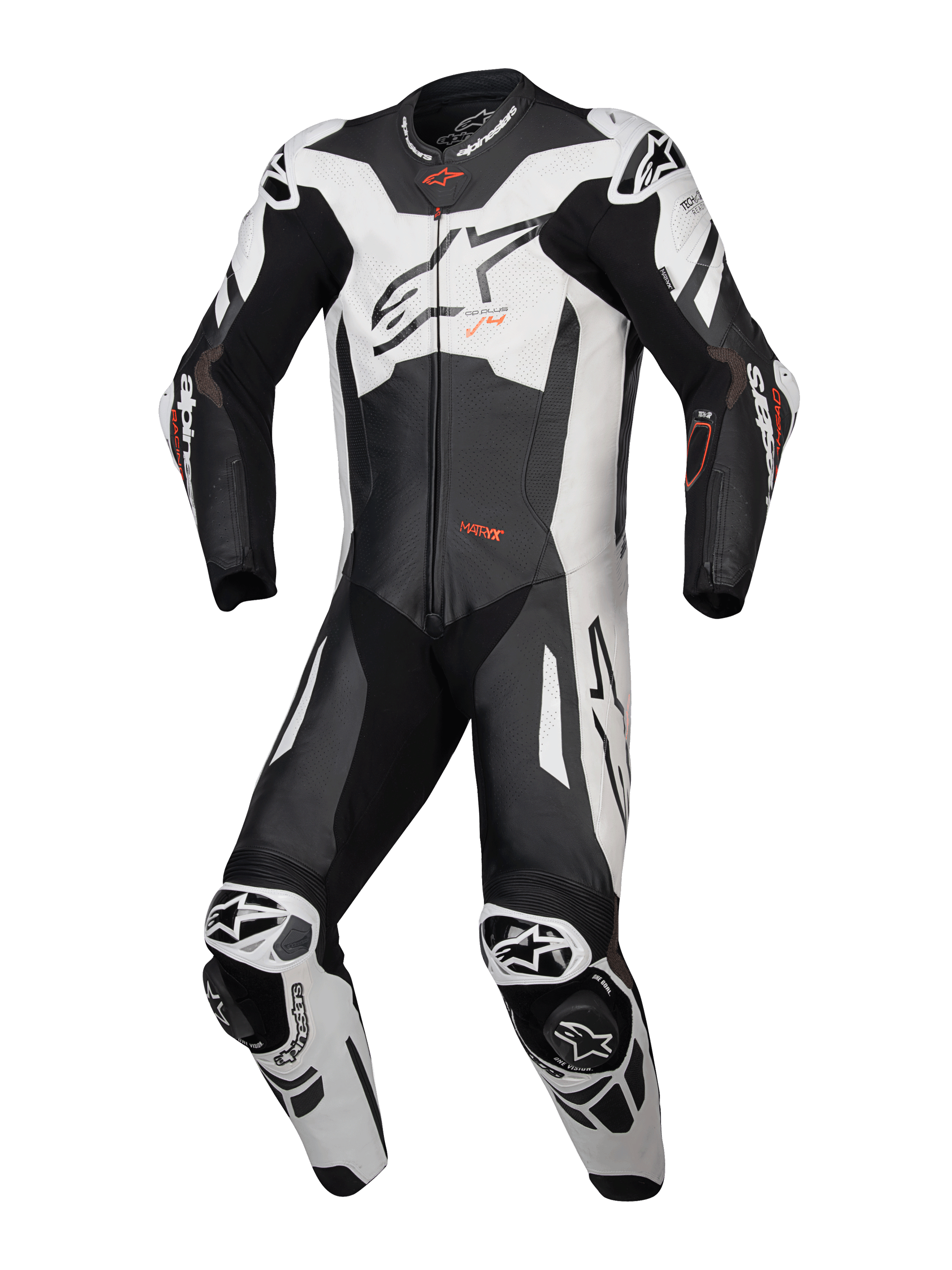 Alpinestars GP Plus V4 Sprint 1 Piece Leather Suit, motorcycle racing suit in Black and White with Red Fluo, Tech-Air Ready, CE AAA certified.